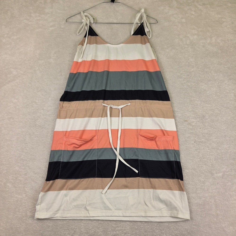 Striped Tie Shoulder Drawstring Waist Pocket Mini Dress Coral Navy White - Picture 1 of 6